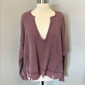 We The Free Mauve Waffle-Knit Deep V Pullover Hoodie